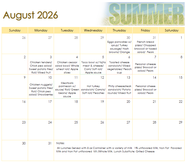 August 2026 Menu