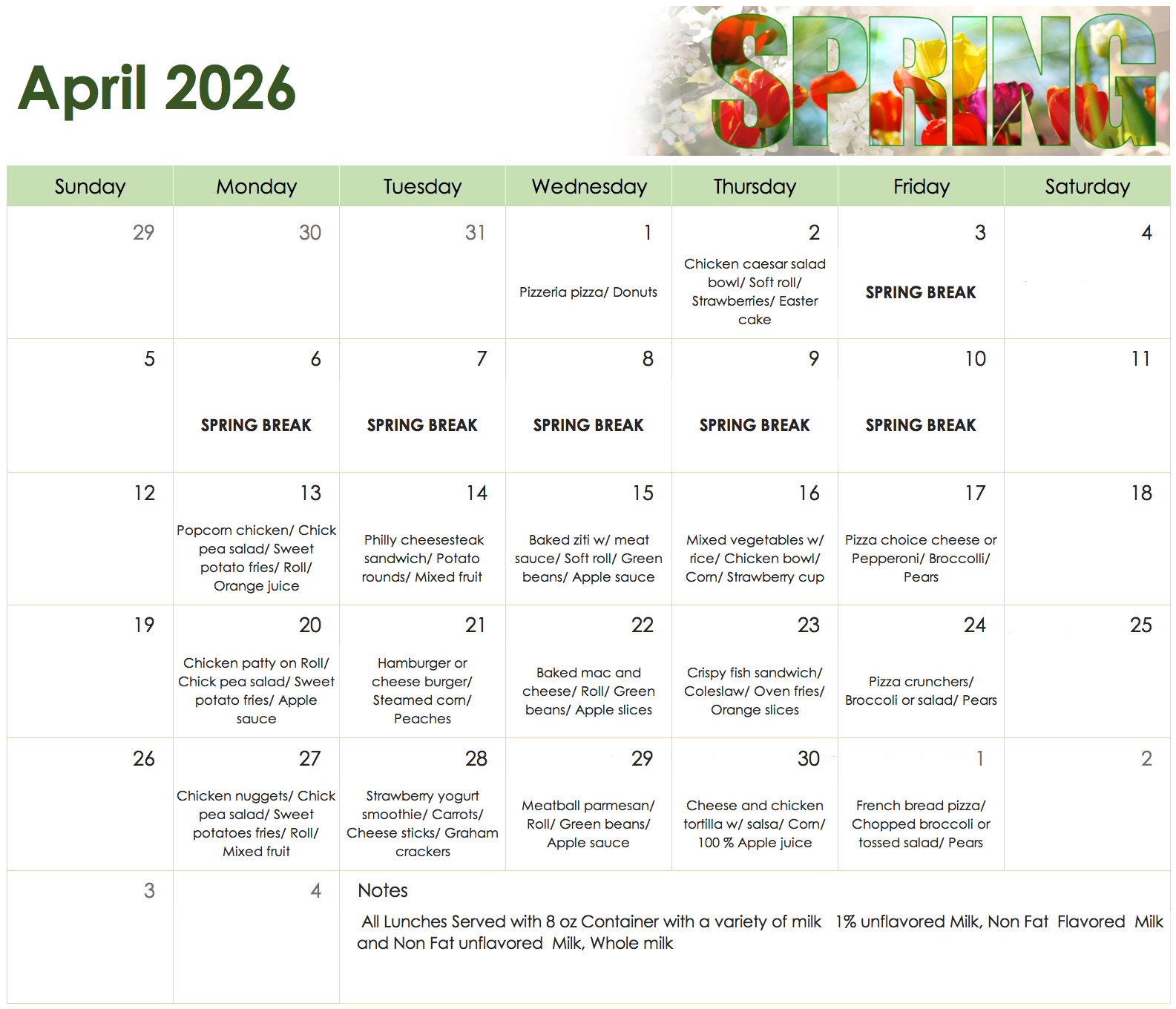April 2026 Menu