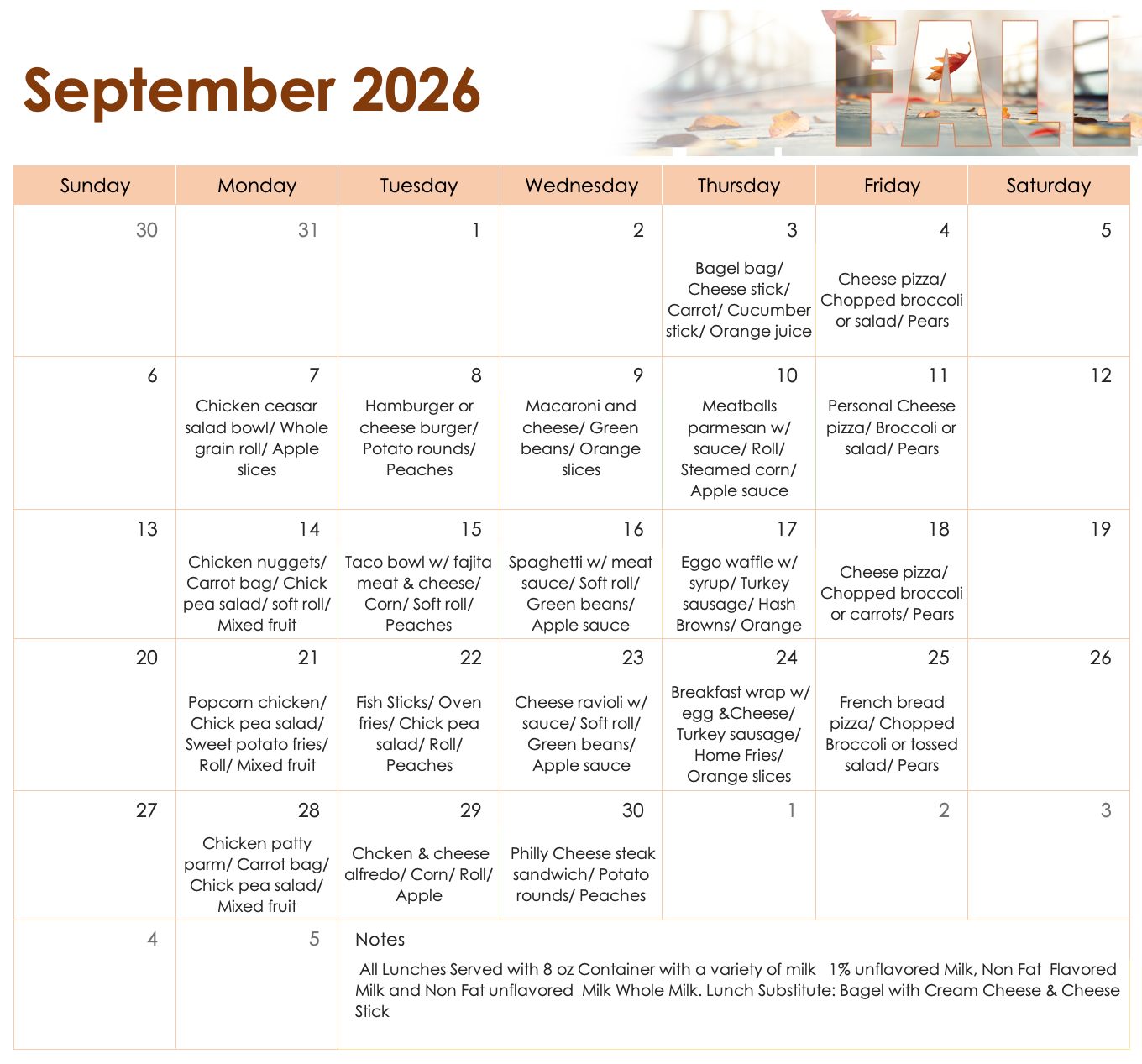 September 2026 Menu
